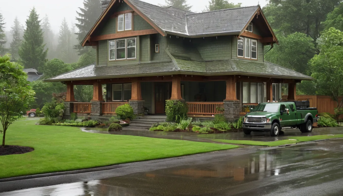 A home in Wilsonville with a damp green lawn and a service truck parked at the curb