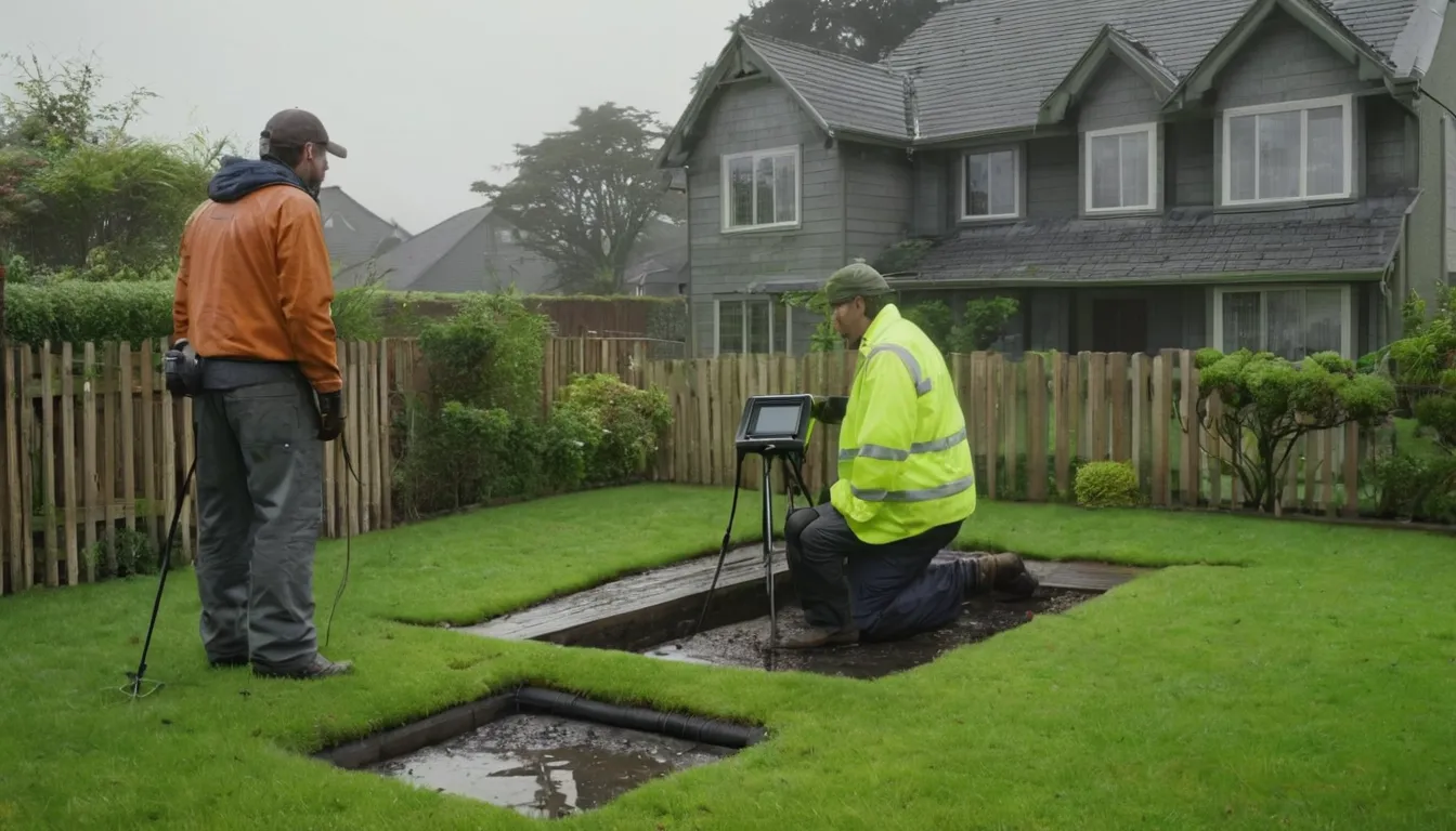 A provider reviewing a sewer camera video with a homeowner in a Wilsonville backyard